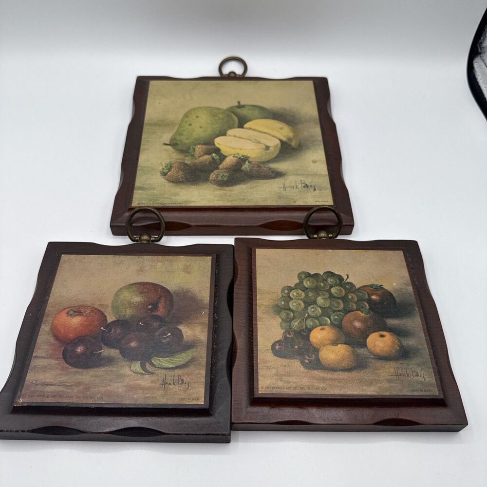 Vintage Hank Bos Fruit Still Life Art Donald Art Co. Wood Plaques Set/3